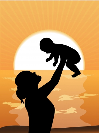 Silhouette mother lifting a child against the sea and the sunsetのイラスト素材