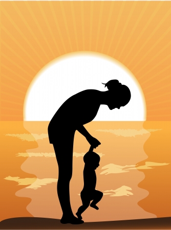 Silhouette mother leads the child s hands in the sunset by the sea  のイラスト素材