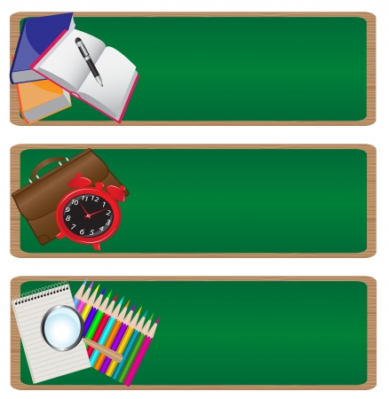 set of three banners "back to school" with a picture of various school supplies on the background of the school board.のイラスト素材