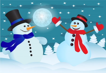 two snowmen in the night sky and the snow-covered forest  のイラスト素材
