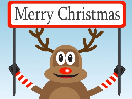 Christmas deer with a congratulatory poster on a light backgroundのイラスト素材