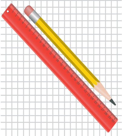 ruler and a pencil with an eraser on the background of the sheet in a cageのイラスト素材