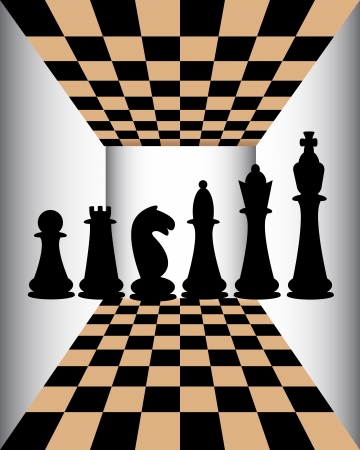 silhouettes of several chess against a chess board  のイラスト素材