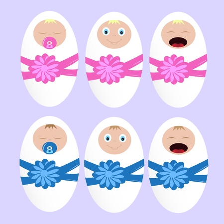 babies, a girl and a boy with pacifiers and diapers with a bow. S babies in three different states with a smile, with a pacifier and when crying  のイラスト素材