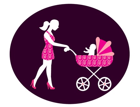 woman with a baby carriage from which the child looks  Stroller and women alike dress decorated  のイラスト素材