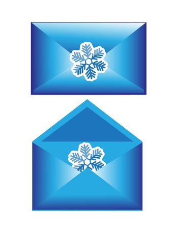 two shiny blue Christmas envelope with snowflakes  One envelope is opened, the other closed のイラスト素材