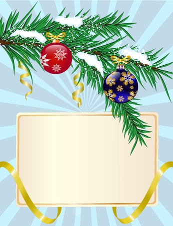 Christmas greeting card with shiny ribbons and fir branches with hanging toysのイラスト素材