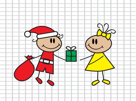cartoon boy with a bag in a suit of Santa Claus handing a gift girlのイラスト素材