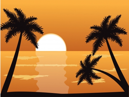 Seascape at sunset with palm trees in the foreground  のイラスト素材