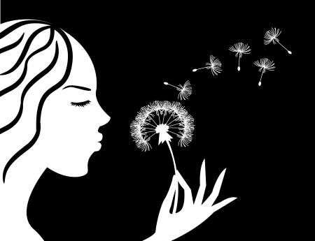 silhouette of a girl in profile blowing on dandelionのイラスト素材