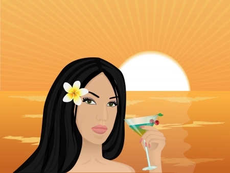 beautiful girl with frangipani flower in her hair holding a cocktail with cherry on the sunset and the seaのイラスト素材