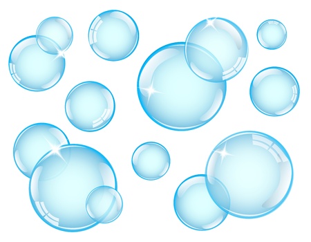 bright blue soap bubbles on white background  