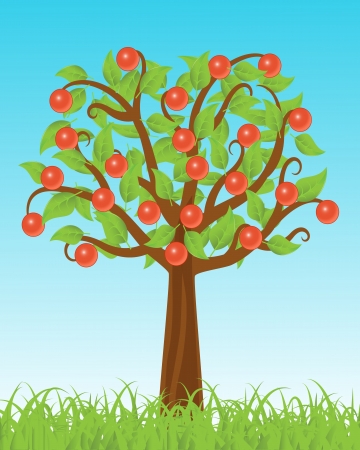 apple tree stands in the grass against the skyのイラスト素材