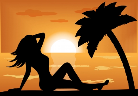 female silhouette sitting on the beach during sunsetのイラスト素材