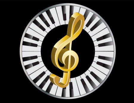 three-dimensional golden treble clef in a frame of piano keys  のイラスト素材