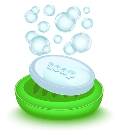 shiny soap with bubbles in a shiny green soap dishのイラスト素材