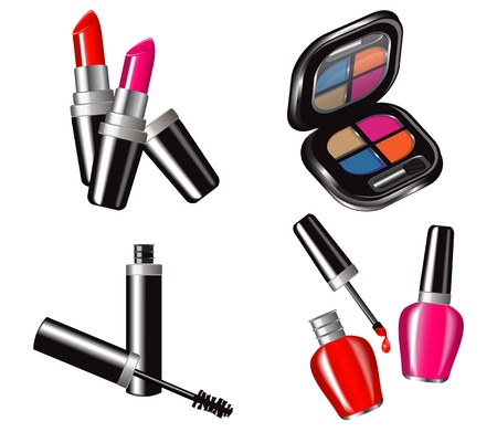 Cosmetic Set consisting of lipsticks and nail polish in two colors, eye shadow and mascara  のイラスト素材
