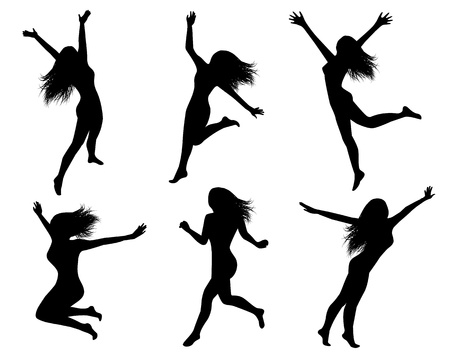 Set of black silhouettes of jumping womenのイラスト素材