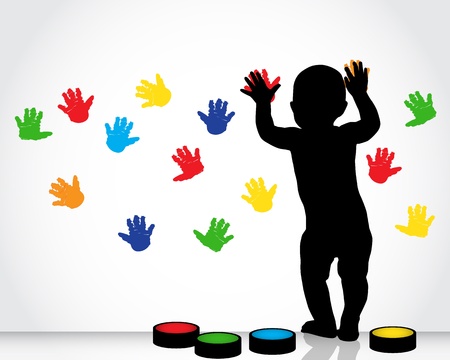 silhouette of a child draws on a white wall with colored hand prints  のイラスト素材