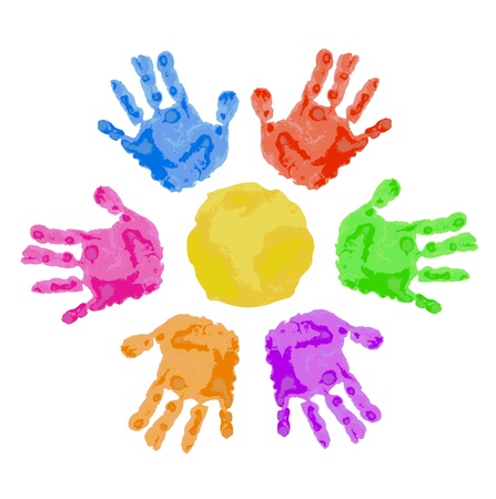   sun sign is made of colorful child hand prints  のイラスト素材