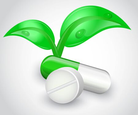   Tablets and capsules on a white background  Capsule of shiny leaves growのイラスト素材