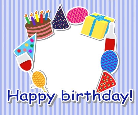 Framed holiday items, cake, gift, caps and balloons.のイラスト素材