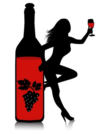   bottle of red wine and a silhouette of a woman with a glass    のイラスト素材