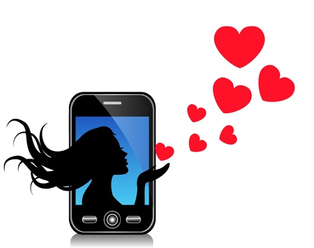 silhouette of a beautiful girl sends hearts of mobile phoneのイラスト素材