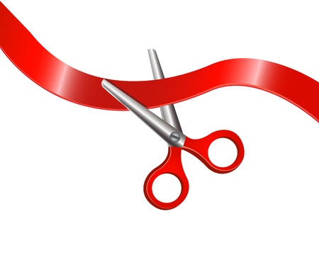 Scissors with red handles are beginning to cut red tape  のイラスト素材