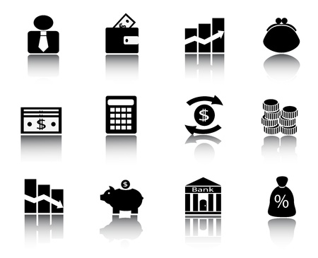 various financial icons with images of coins, banknotes, stock exchanges and other financial aspectsのイラスト素材
