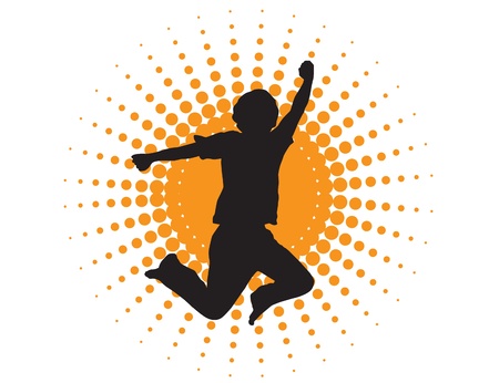 silhouette of a man jumping on a background of abstract sunのイラスト素材
