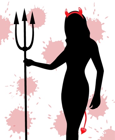 silhouette of a female devil with a trident with red horns and a tail on a background splashed  のイラスト素材