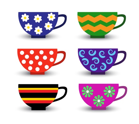 cartoon set of bright colored cups with different patterns  のイラスト素材