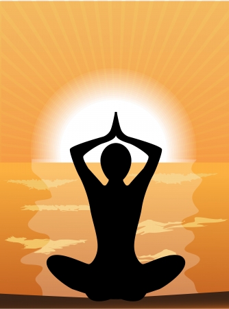 silhouette of a woman doing yoga at sunsetのイラスト素材