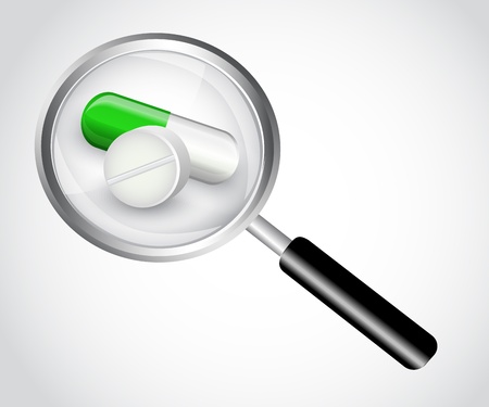 capsule and tablet under the magnifying glass on a white backgroundのイラスト素材