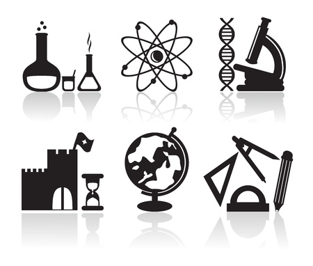 black icons with different school subjects on a white backgroundのイラスト素材
