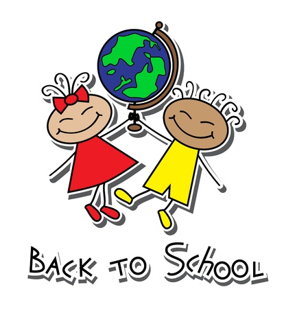 cartoon boy and girl with a globe and the words "back to school"  のイラスト素材