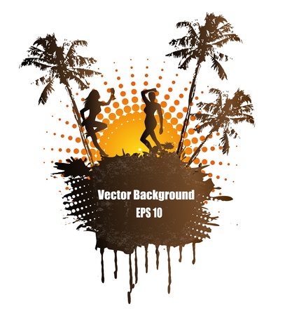 Palm trees, female silhouettes and stained backgroundのイラスト素材