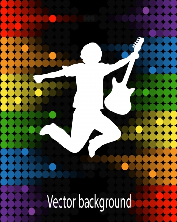   silhouette of a jumping man with a guitar on a background of multicolored equalizerのイラスト素材