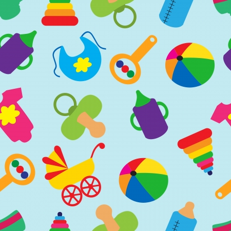 Bright seamless pattern with children's accessories and toysのイラスト素材
