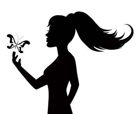   black silhouette of a woman and butterfly on white backgroundのイラスト素材