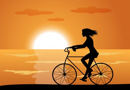 silhouette of a girl on a bike ride on the background of the sea and the sunsetのイラスト素材