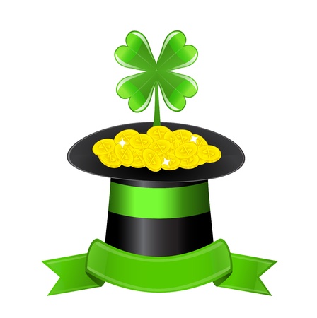 black hat filled with gold coins  Of the coins sticking clover  Hat ornaments shiny green ribbonのイラスト素材