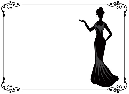 graceful silhouette of a woman in a dress in retro frame  のイラスト素材