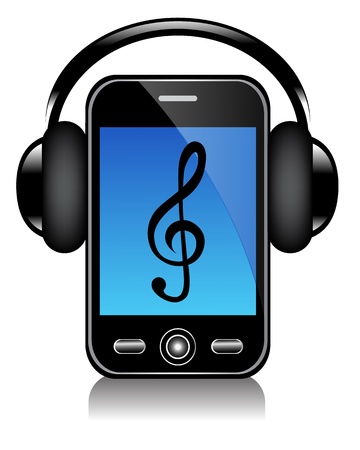mobile phone with blue screen in big black headphonesのイラスト素材