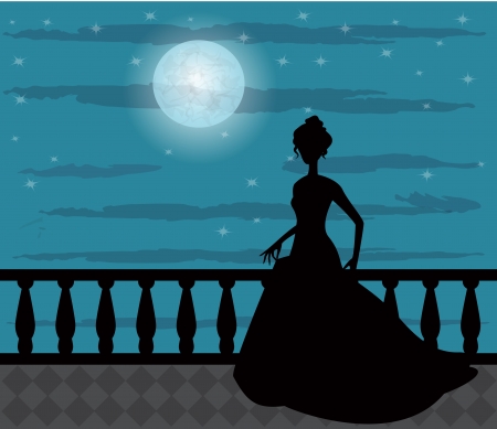 silhouette of a woman in a long dress against a background of the moon and the night sky  のイラスト素材