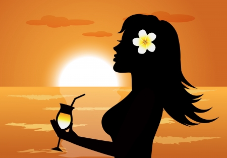 silhouette of a woman with a cocktail on the beach during sunsetのイラスト素材