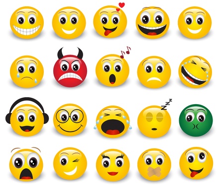 Set of yellow round expressive emoticons on white backgroundのイラスト素材