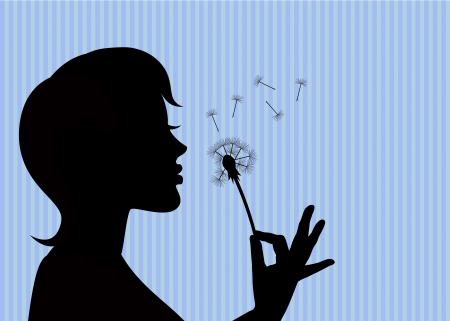 silhouette of a young girl holding a dandelion and blowing on it のイラスト素材