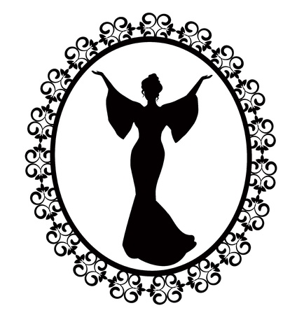 elegant female silhouette in a dress in retro-carved frameのイラスト素材